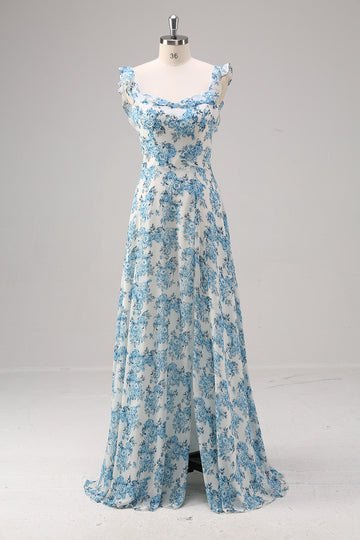 Flor Azul Blanco A Línea Cuello Cuadrado Vestido de Dama de Honor Largo con Abertura